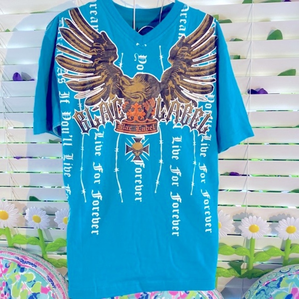 Mens Blac Label teal “Dream As If You’ll Live For Forever” winged tee shirt